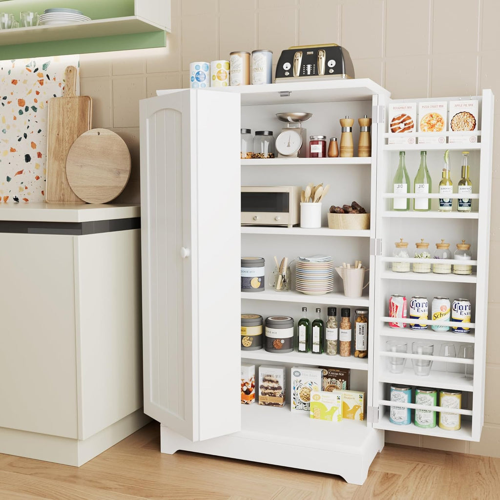 White Kitchen Pantry Storage Cabinet with Doors and Adjustable Shelves L136