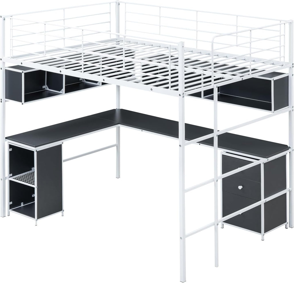 Full Size Metal Loft Bed with Bookcase and Desk N3752