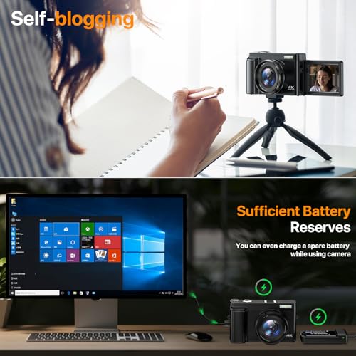 4K Digital Camera with 3'' 180° Flip Screen 16X Anti-Shake Compact Cameras with SD Card, Flash, 2 Batteries & Battery Charger U532288