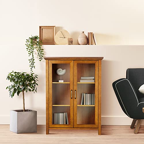 Oiled Oak Wooden Freestanding Floor Cabinet with 2 Adjustable Shelves and 2 Glass Paneled Doors Y13359