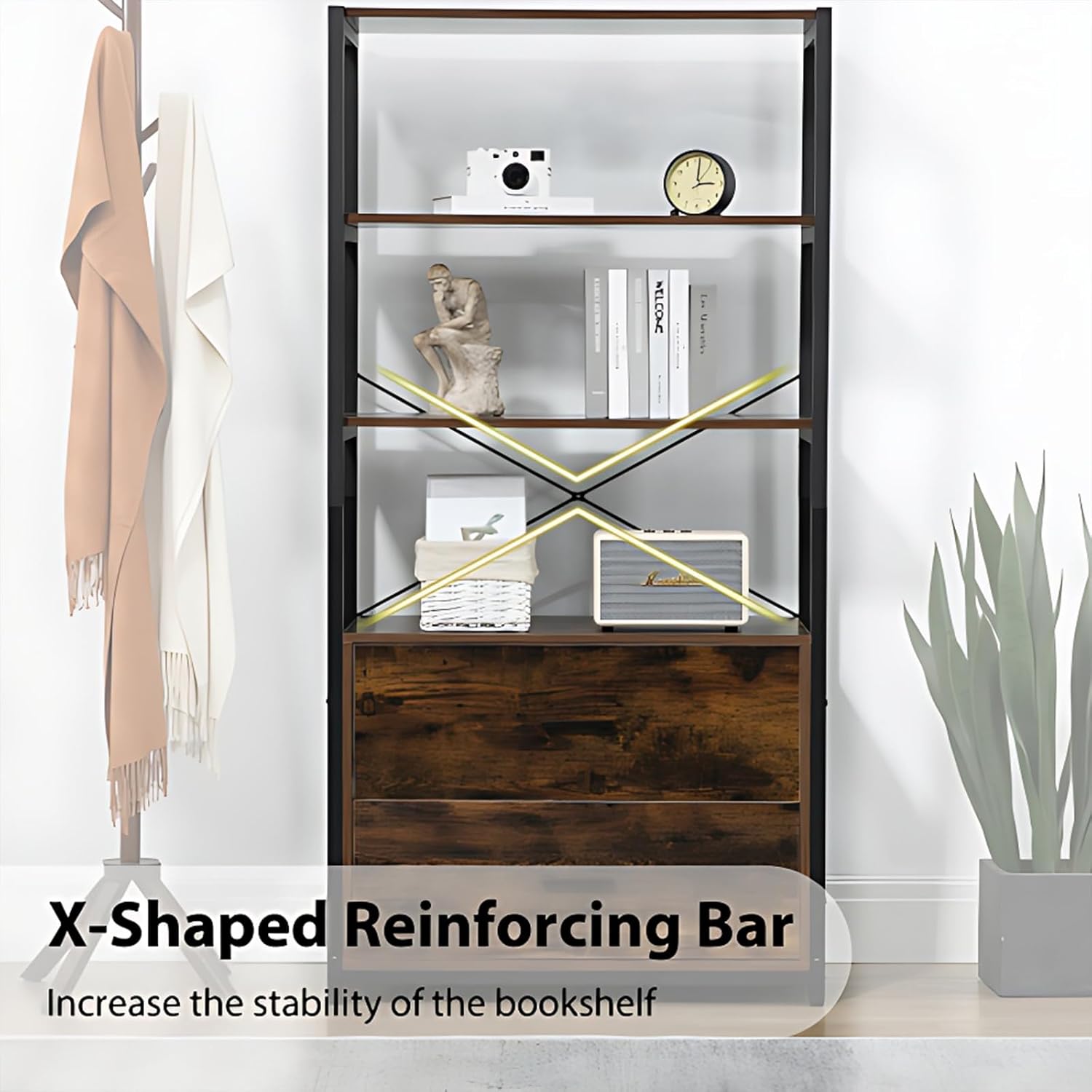 Tall Bookshelf with File Cabinet Drawers, Standing Shelf Units with Storage, Wooden Bookshelves, Vintage Brown O62361