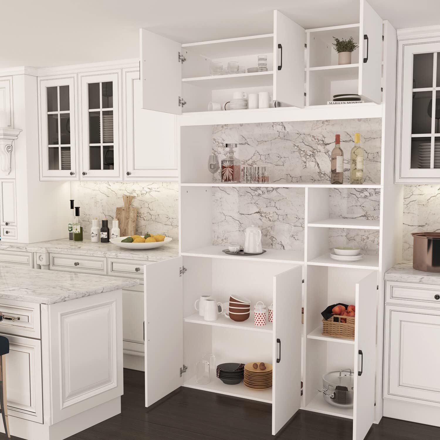 White Wood Kitchen Pantry Storage Cabinets with Hutch Buffet U80697