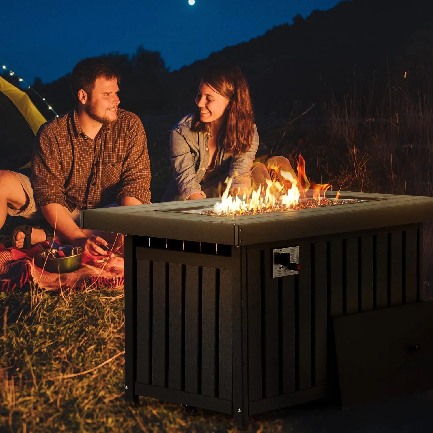 Gray 43 Inch HDPE Propane Fire Pit Table with Lid and Fire Glass J7544