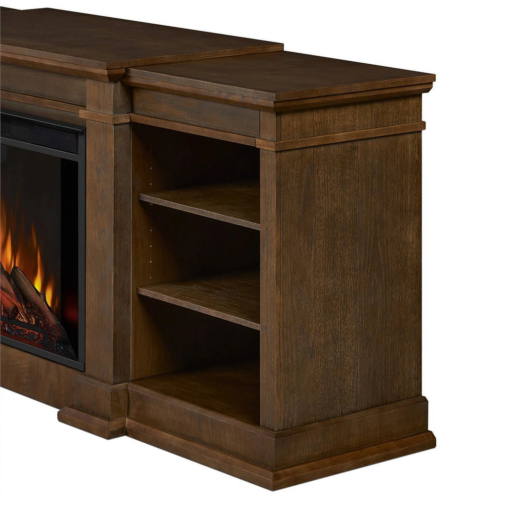 Traditional Wood & Steel Electric Fireplace TV Stand in Heritage Oak Y54664