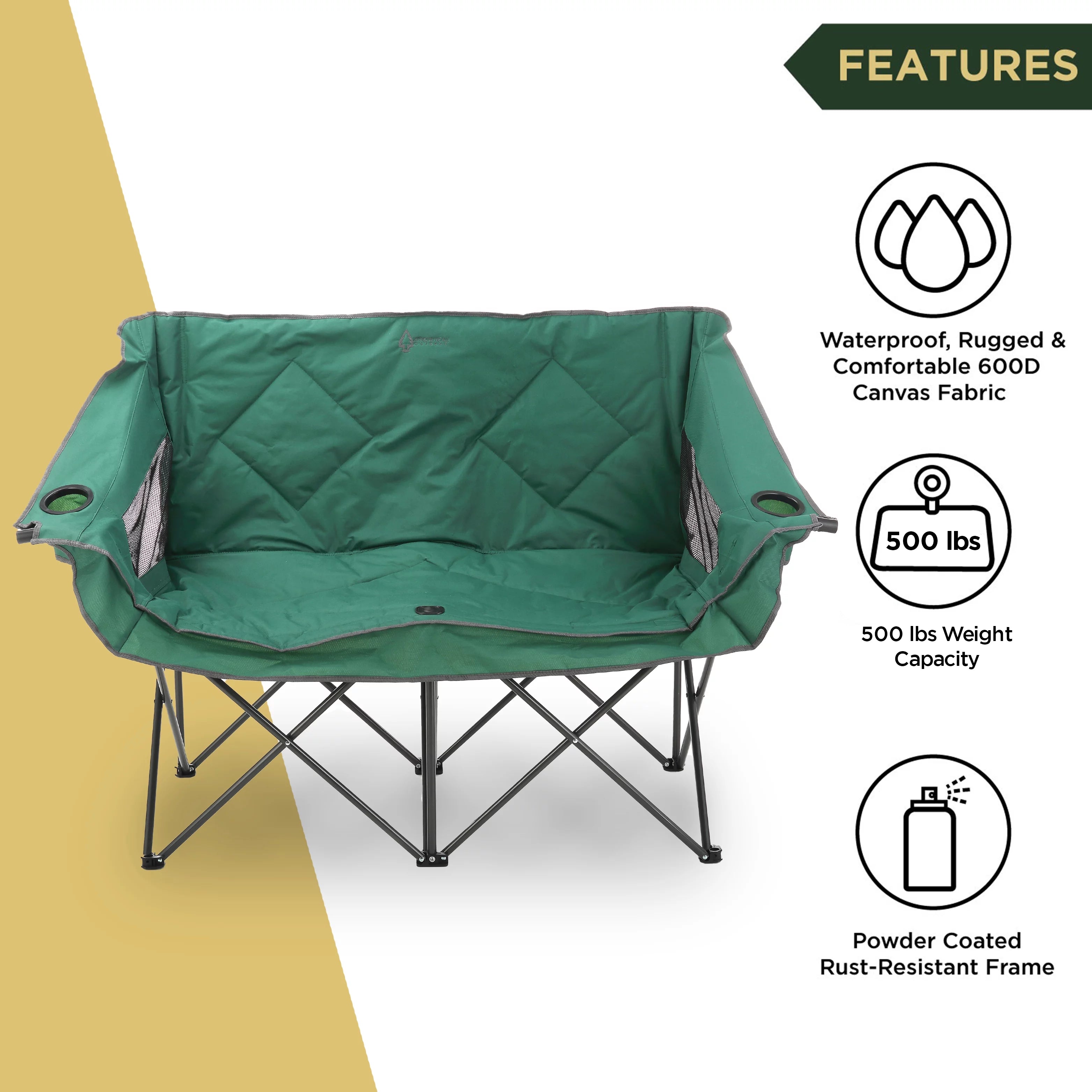 Green Portable Folding Double Camping Chair Loveseat with Carrying Bag E1756