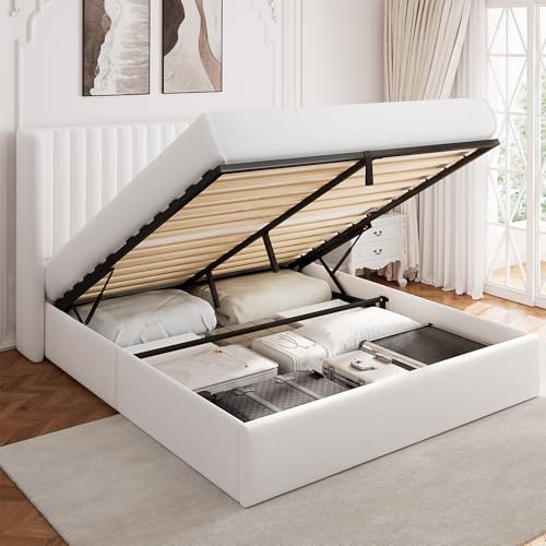 White Upholstered Lift Up Storage Bed with Wingback Headboard F35904
