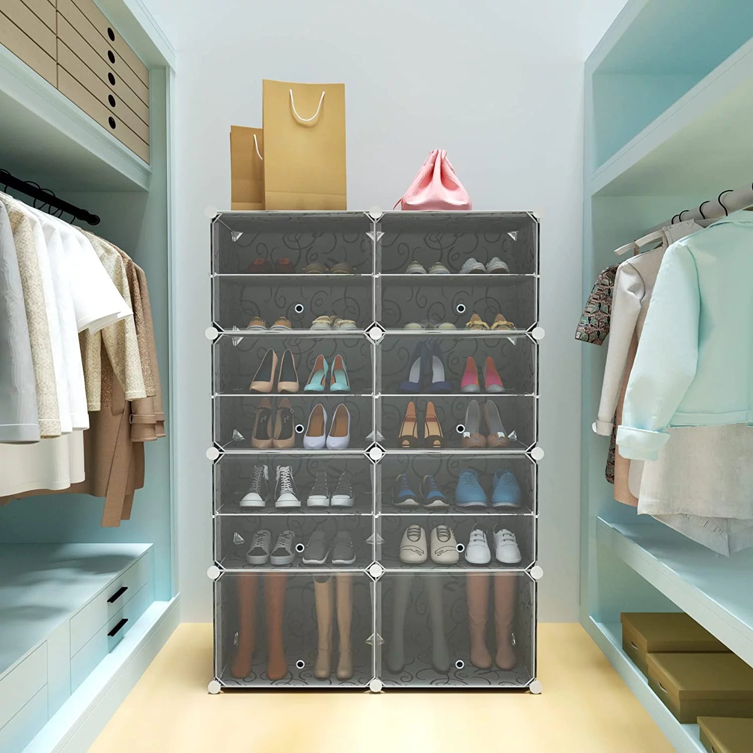 Black 8 Tier Plastic Shoe Storage Cabinet with Doors R1608