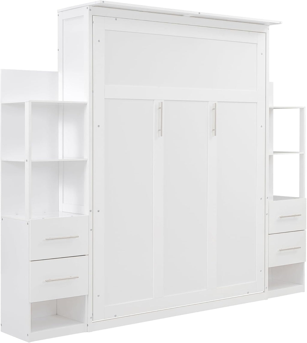 White Queen Size Murphy Wall Bed with Shelves, Drawers and LED Lights G1059
