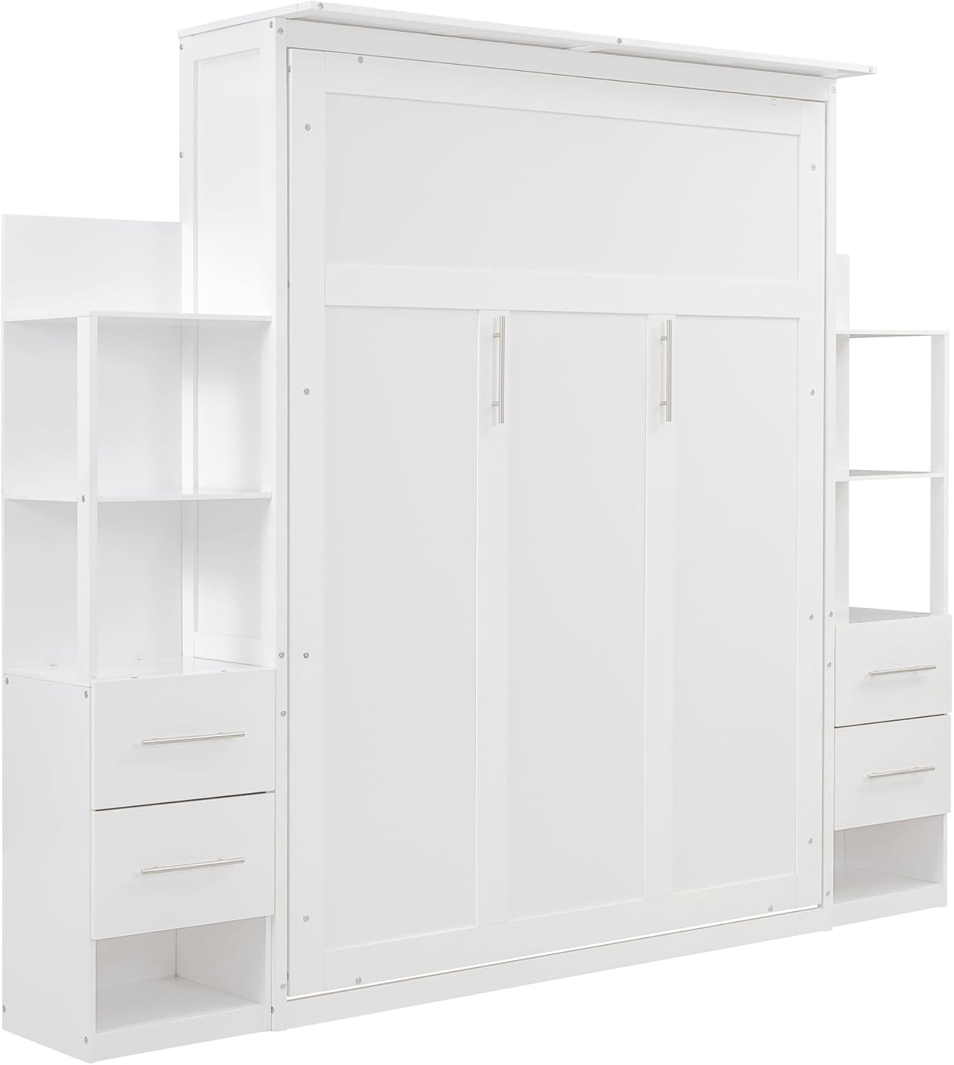 White Queen Size Murphy Wall Bed with Shelves, Drawers and LED Lights G1059