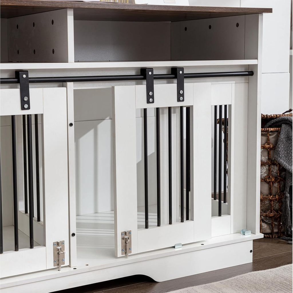White Wooden Double Dog Crate Furniture with Drawers A98359