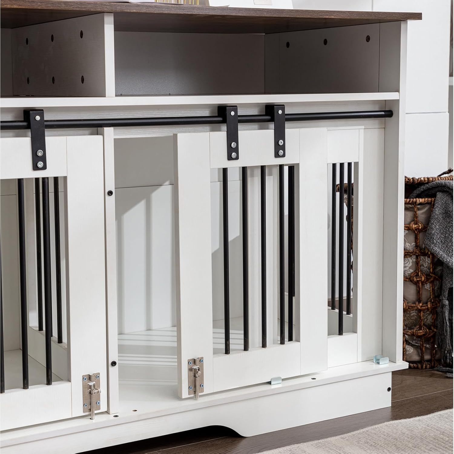 White Wooden Double Dog Crate Furniture with Drawers A98359