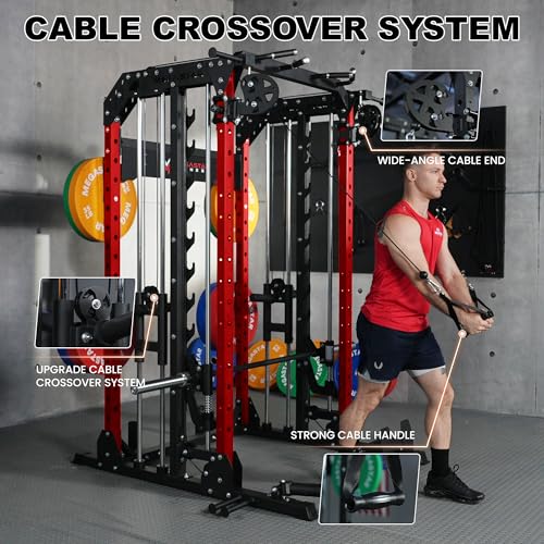 Smith Machine Home Gym with Aluminum Pulley Set - 2000lbs Capacity All-in-One Power Rack with Cable Crossover, Pull-Up Bar & Dip Station, Includes 18 Attachments X713371
