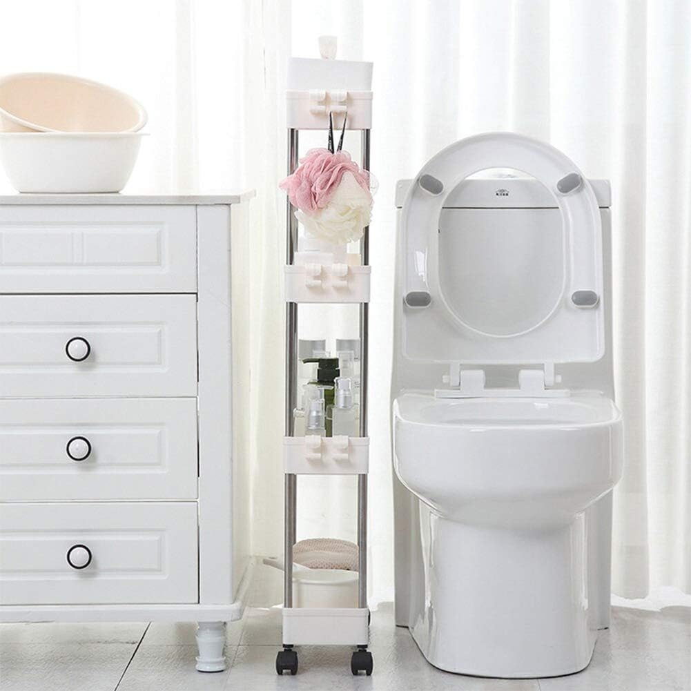 4 Tier Narrow Sliding Storage Organizer Rack Rolling Cart (White) R2673