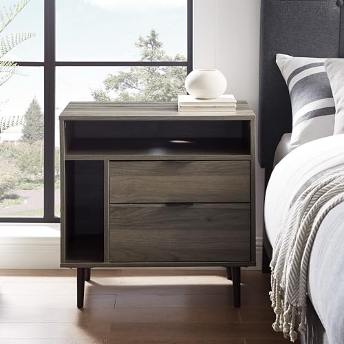 Slate Grey Wood Nightstand with Drawer and Shelf C533