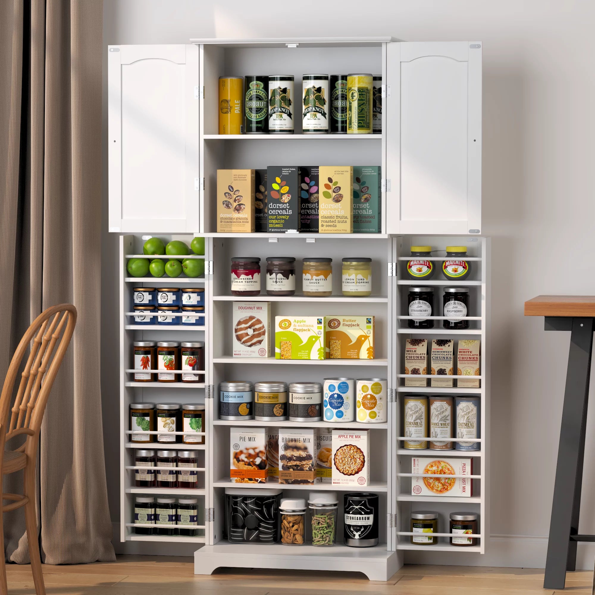 White Tall Kitchen Pantry Storage Cabinet with Doors and Shelves J824