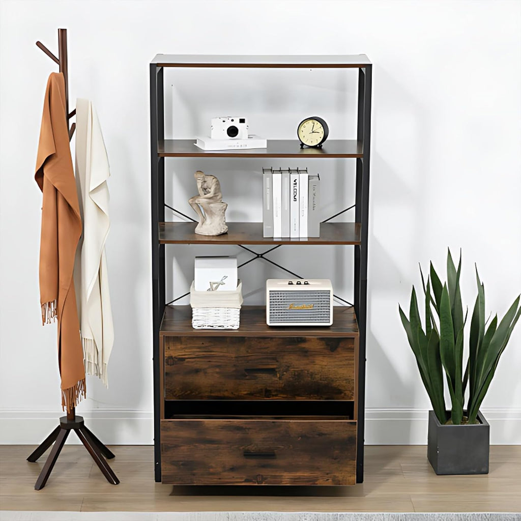 Tall Bookshelf with File Cabinet Drawers, Standing Shelf Units with Storage, Wooden Bookshelves, Vintage Brown O62361