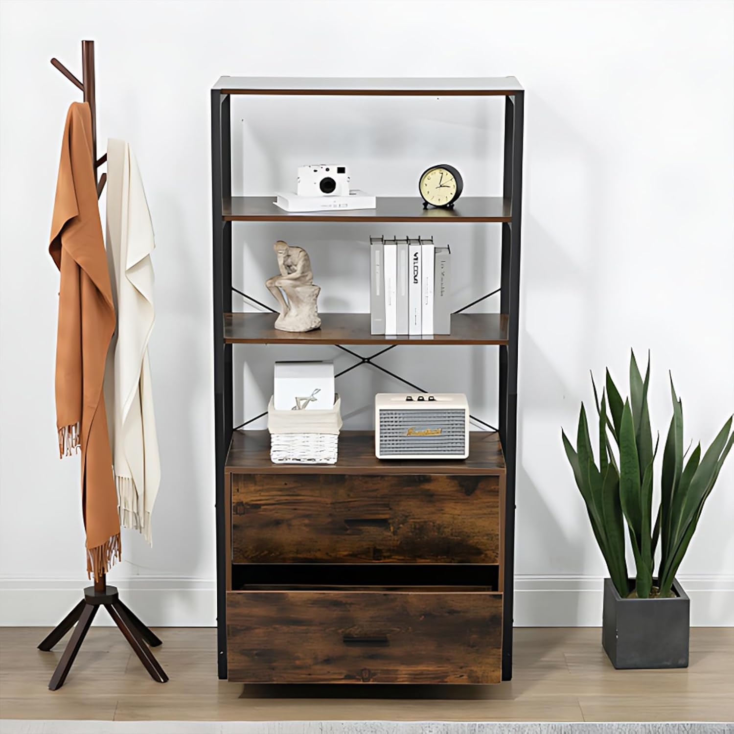 Tall Bookshelf with File Cabinet Drawers, Standing Shelf Units with Storage, Wooden Bookshelves, Vintage Brown O62361