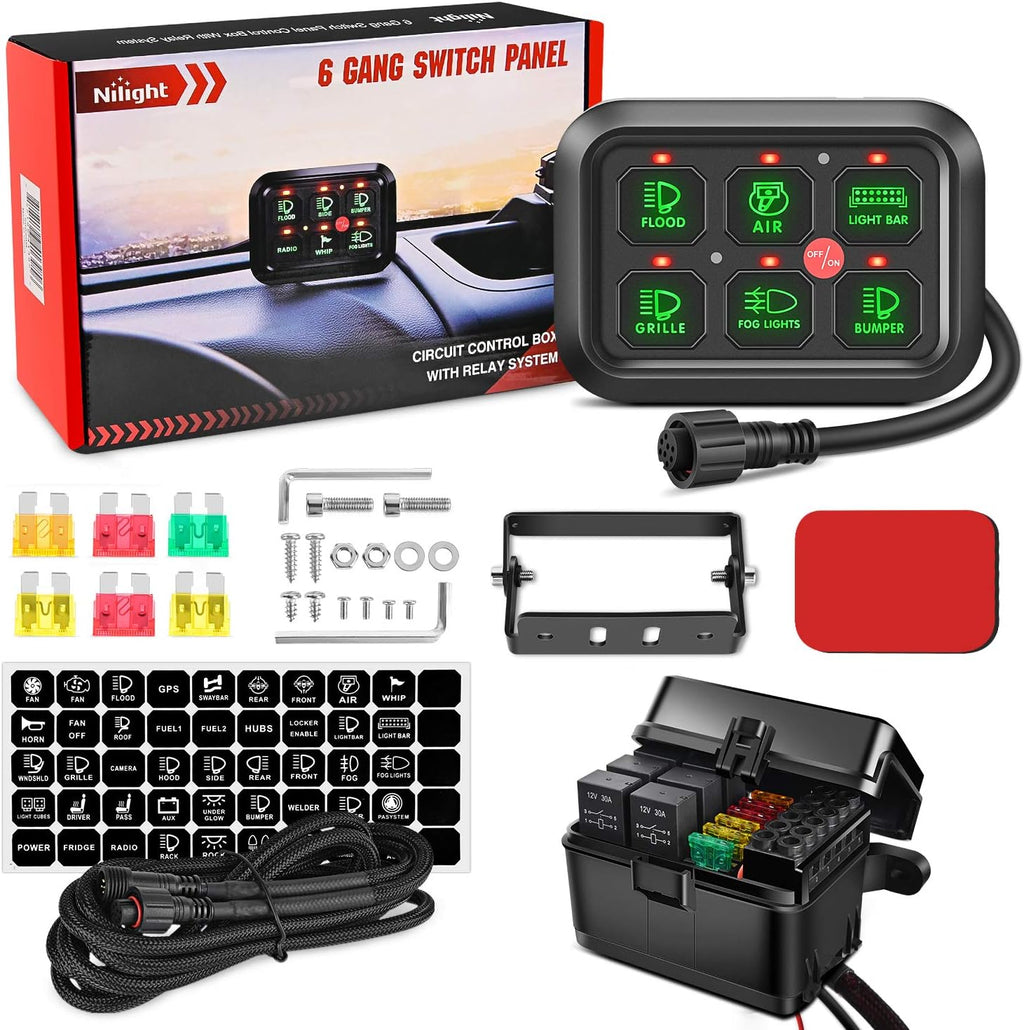 6 Gang Switch Panel Circuit Control Relay System with Fuse Wiring Harness Automatic Dimmable ON-Off LED Switch Pod I439369