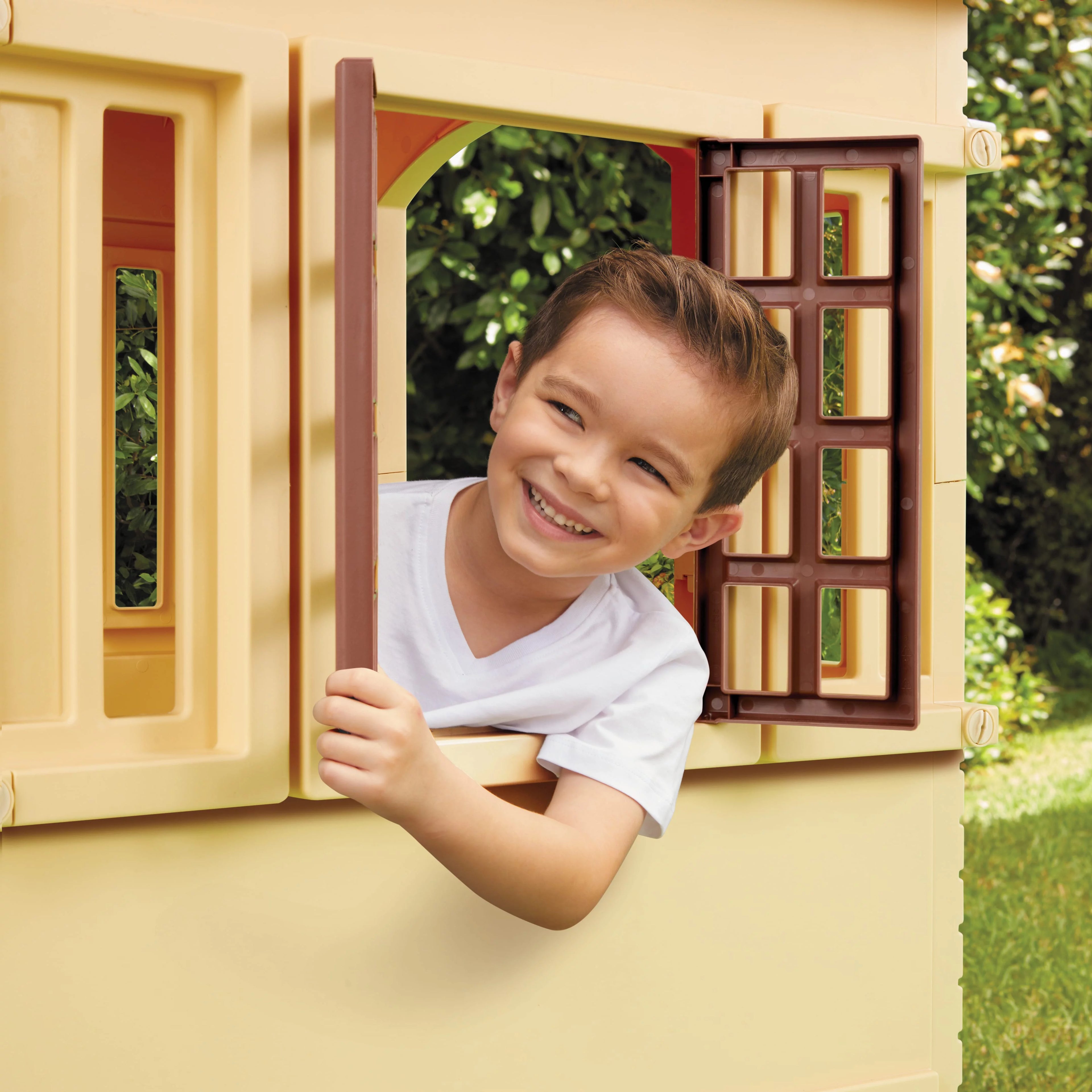 Tan Cape Cottage Playhouse with Working Door, Windows, and Shutters F253