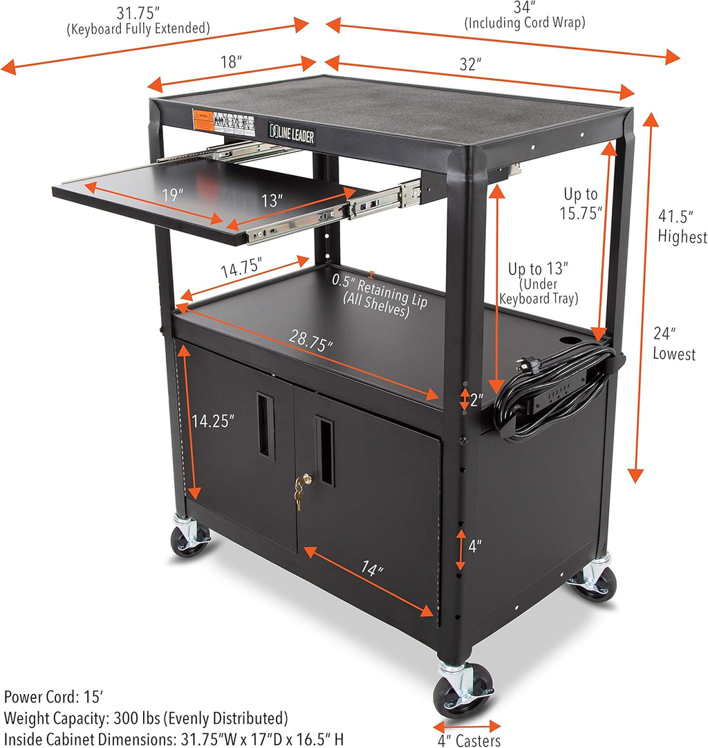 Large AV Cart with Locking Cabinet, Height Adjustable, Black M820