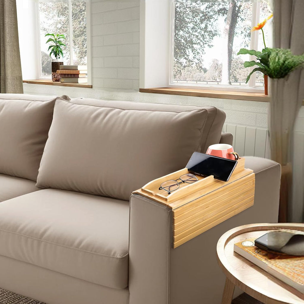 Natural Bamboo Couch Cup Holder Tray with Side Storage Pocket Z62163