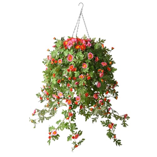 4 Pack Artificial Hanging Flowers with Basket, Silk Chrysanthemum Flowers, Purple Red H261627