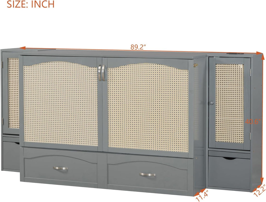 Gray Queen Size Murphy Bed with Storage Drawer and 2 Cabinets B95849