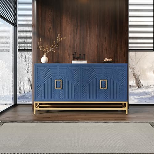 Navy Wooden Accent Storage Cabinet with 4 Doors and Adjustable Shelves T5706