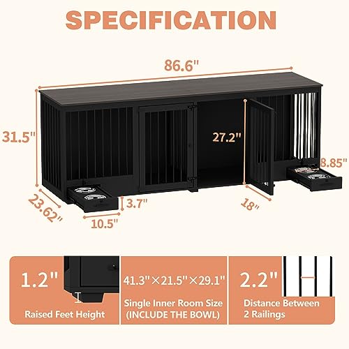 White 86.6" Heavy Duty Wooden Dog Kennel with Dog Bowl Drawers & Divider Y645