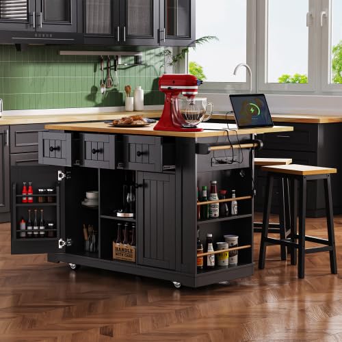 Black Kitchen Island with Storage Cabinet on Wheels, 53.5'' Mobile Kitchen Cart with Power Outlet, Drop Leaf, Spice Rack and Drawer M692