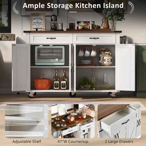 Black Kitchen Island with Storage Cabinet on Wheels, 53.5'' Mobile Kitchen Cart with Power Outlet, Drop Leaf, Spice Rack and Drawer M692
