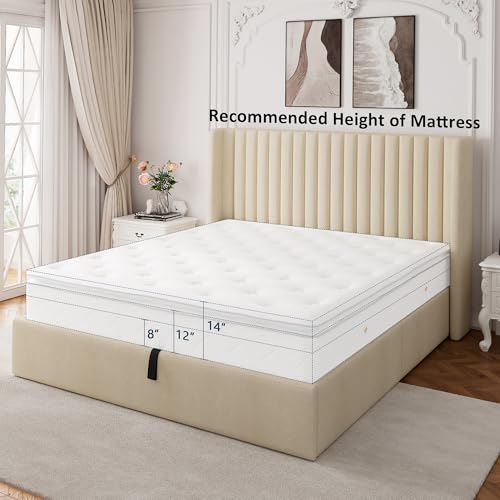 White Upholstered Lift Up Storage Bed with Wingback Headboard F35904