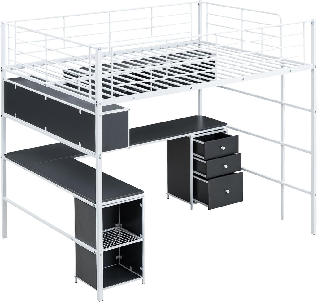 Full Size Metal Loft Bed with Bookcase and Desk N3752