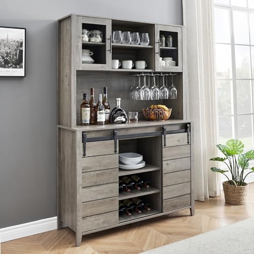 White Tall Farmhouse Coffee Bar Wine Cabinet with Sliding Barn Doors and Storage H945425