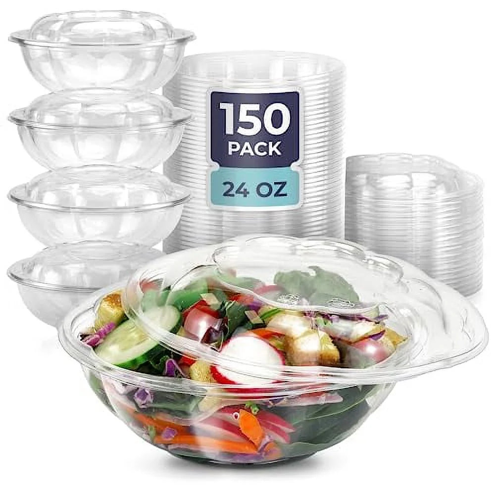150 Pack 24 oz Clear Plastic Salad Bowls with Airtight Lids E933816