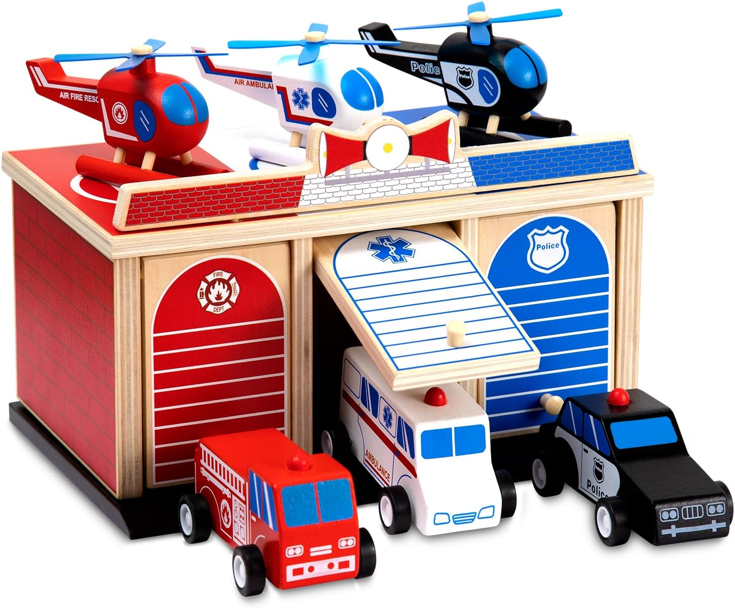2-Level 3-Bay Parking Garage Toy Set with Fire Truck, Ambulance, Police Car, and 3 Rescue Helicopters Y312
