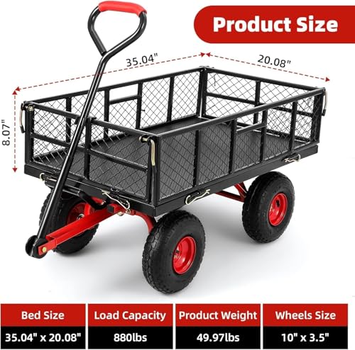 880 lb 10-inch tire steel garden cart with 4-side removable mesh and 180° swivel handle T802023