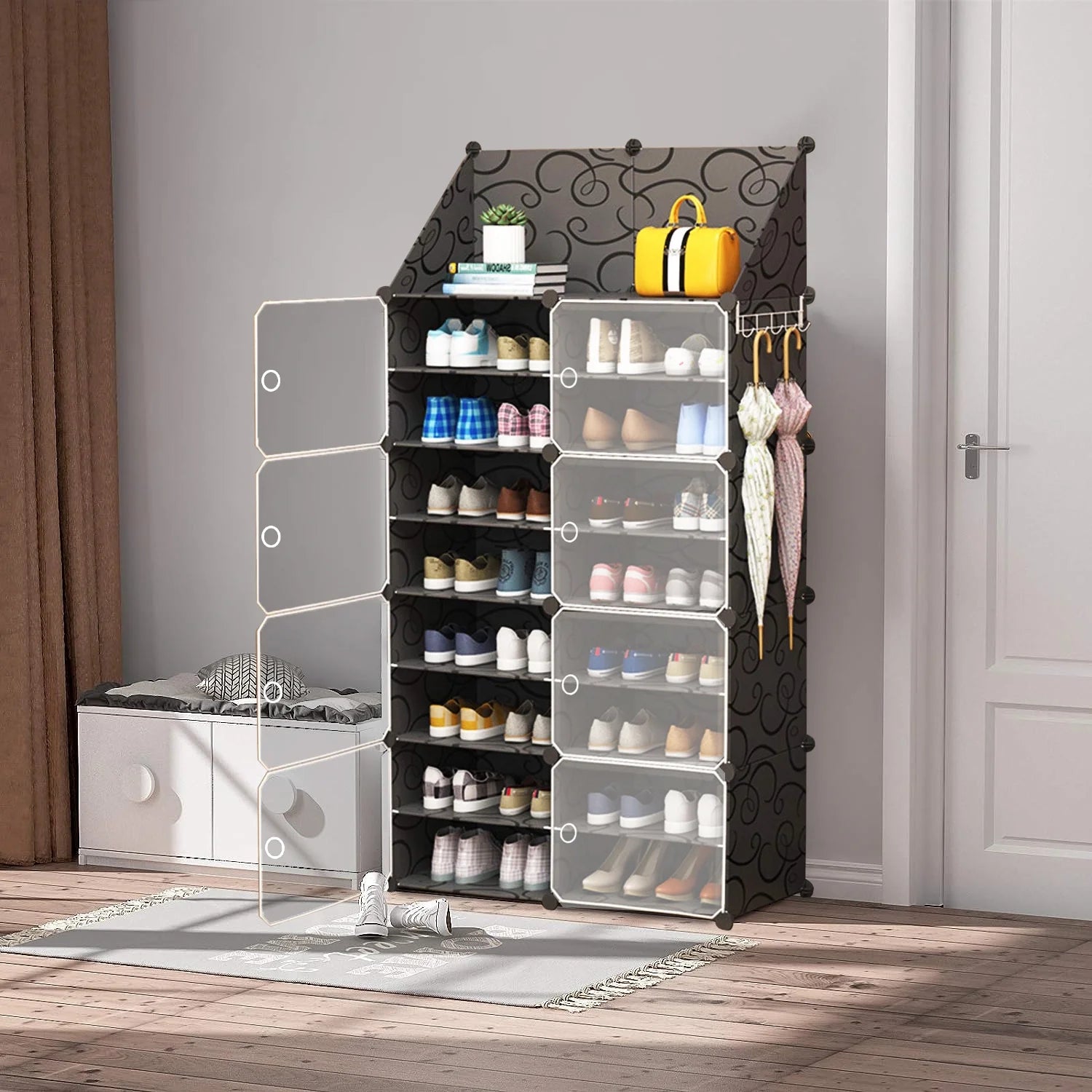 Black 8 Tier Plastic Shoe Storage Cabinet with Doors R1608