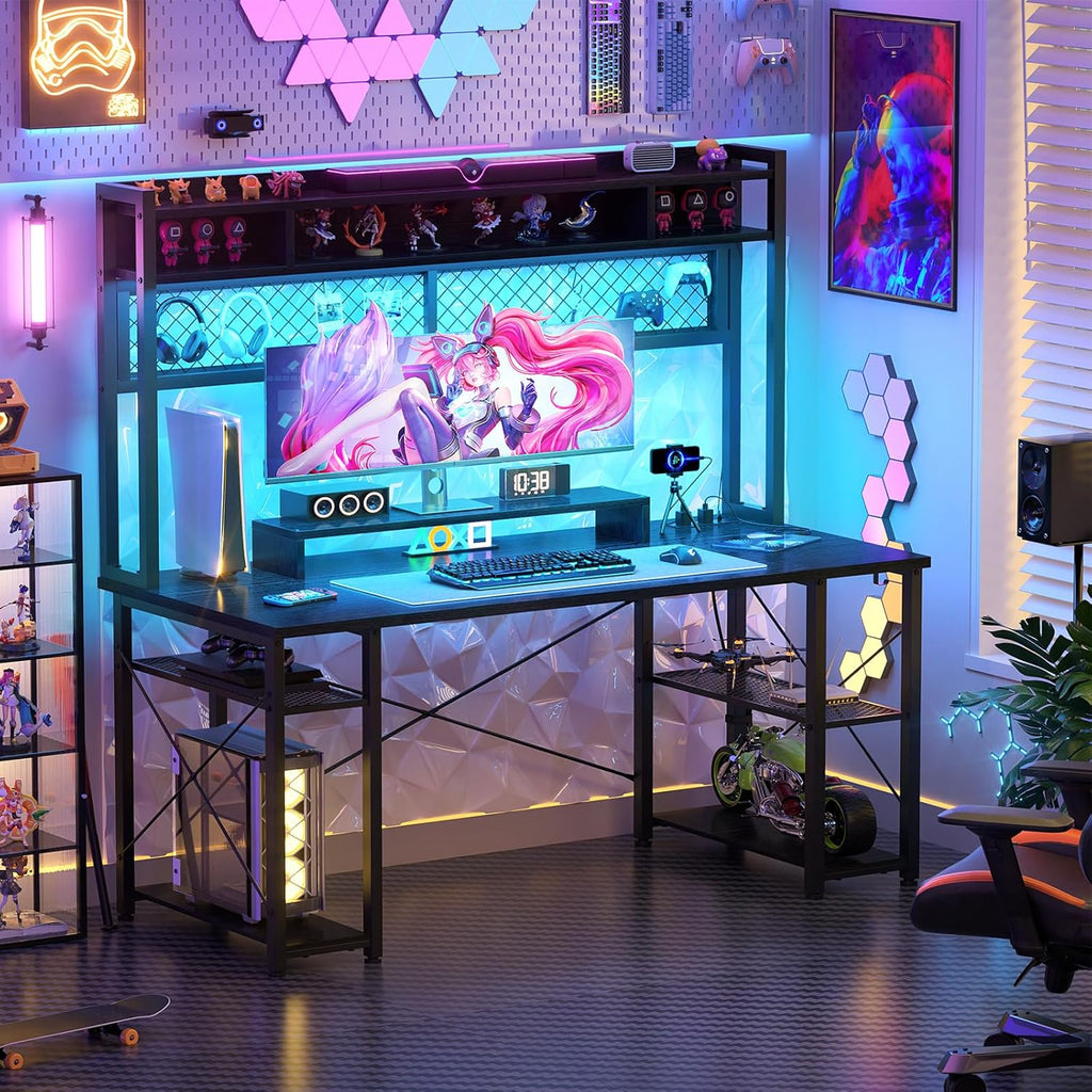Black 55 Inch Gaming Desk with Hutch and LED Lights M997