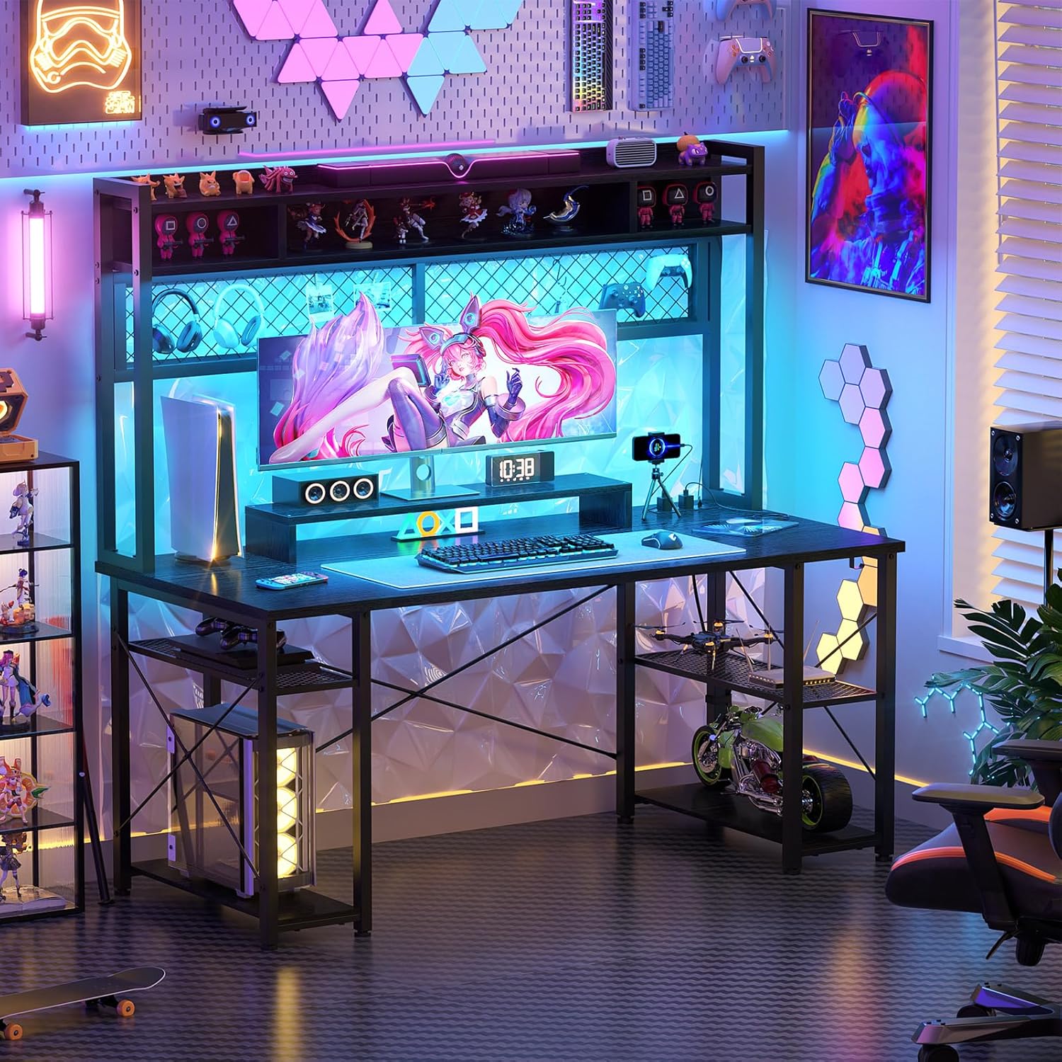 Black 55 Inch Gaming Desk with Hutch and LED Lights M997