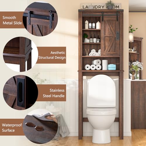 68" Tall Over The Toilet Storage Cabinet with Sliding Barn Door and Adjustable Shelves X463971