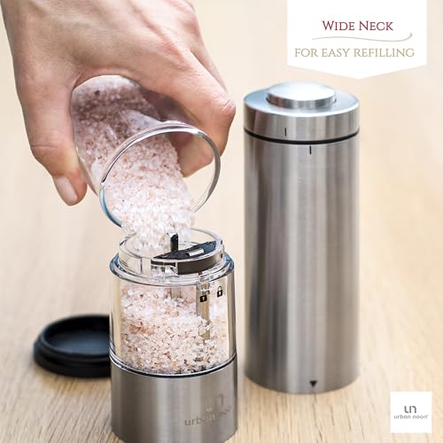 Electric Salt and Pepper Grinder Set - Battery Operated Stainless Steel Mill with Light (2 Black Mills) - Ceramic Grinders Q630