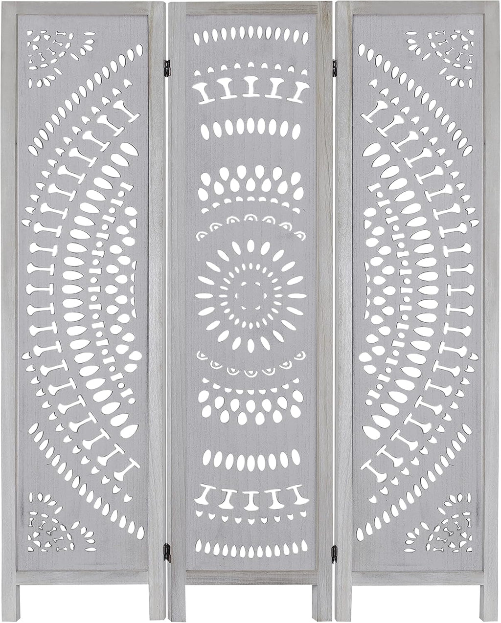 3 Panel Carved Wood Room Divider, 5.6ft Tall Folding Privacy Screen (White) H8638