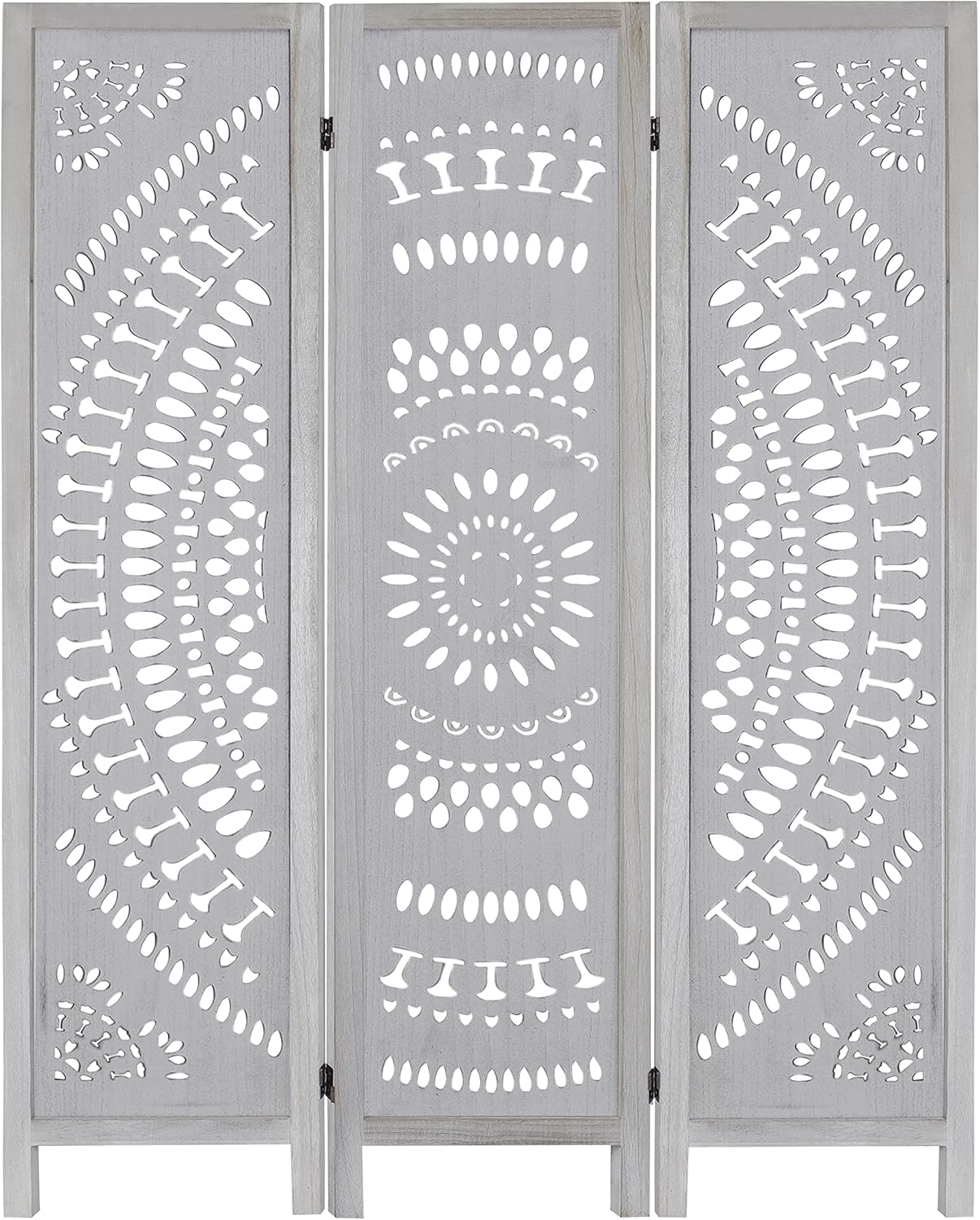3 Panel Carved Wood Room Divider, 5.6ft Tall Folding Privacy Screen (White) H8638