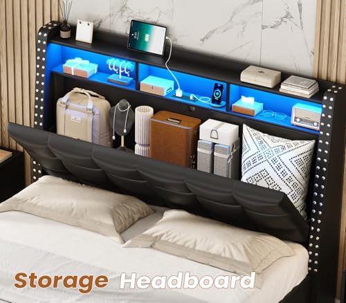 Gray Queen Bed Frame with Storage Headboard and 4 Drawers T60505