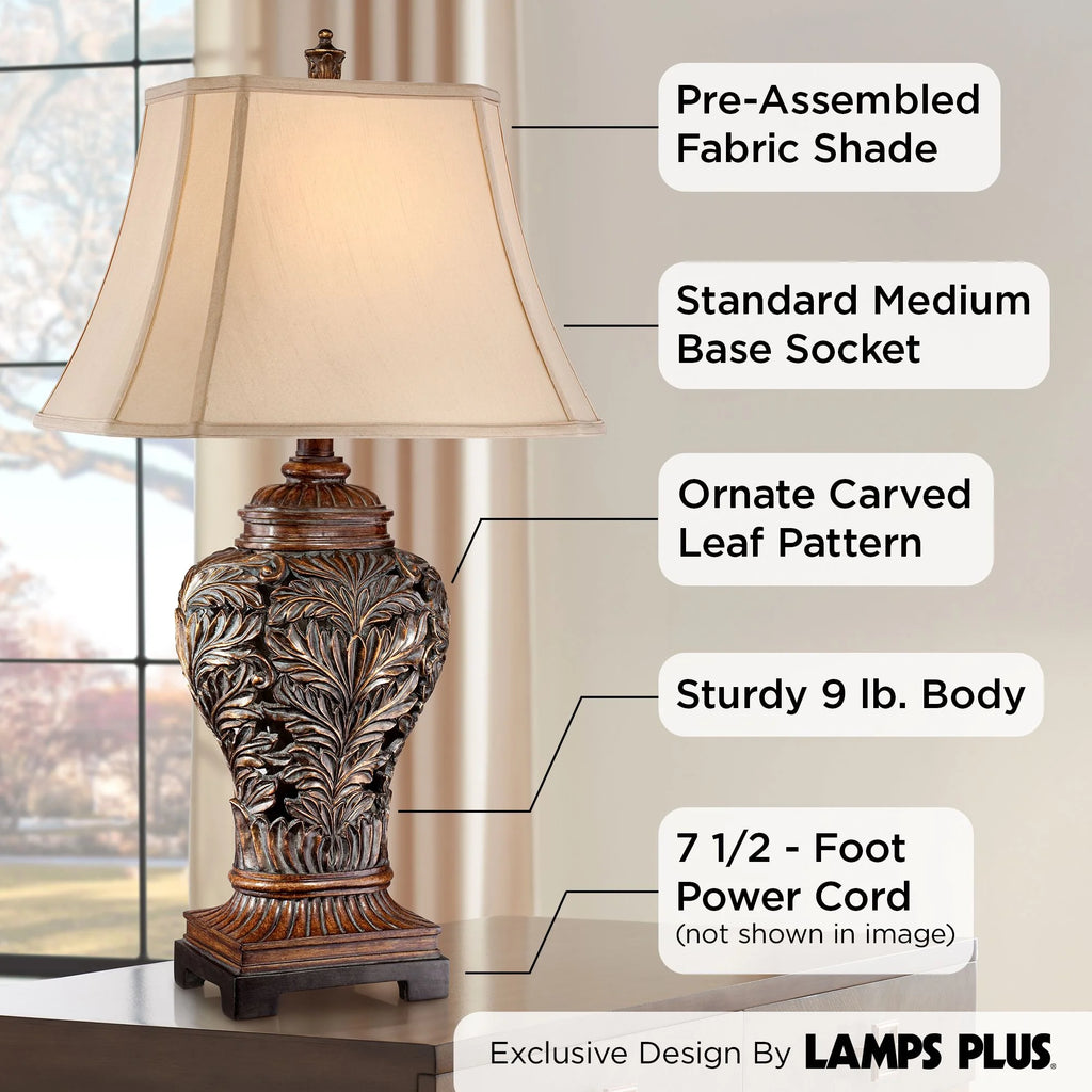 Traditional Table Lamps 32.5" Tall Set of 2 Bronze Tan Rectangular Shade D707