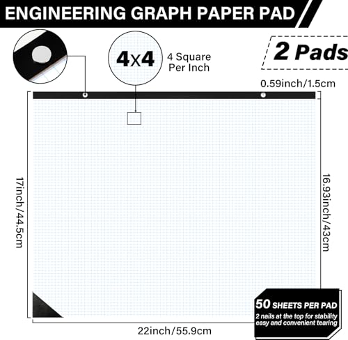 2 Pads Large Engineering Graph Paper 22x17 inch 1/4inch Quad Grid S915