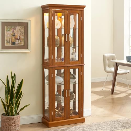 Oak Glass Display Cabinet with Lighted Mirrored Back Panel and Adjustable Shelves T615063