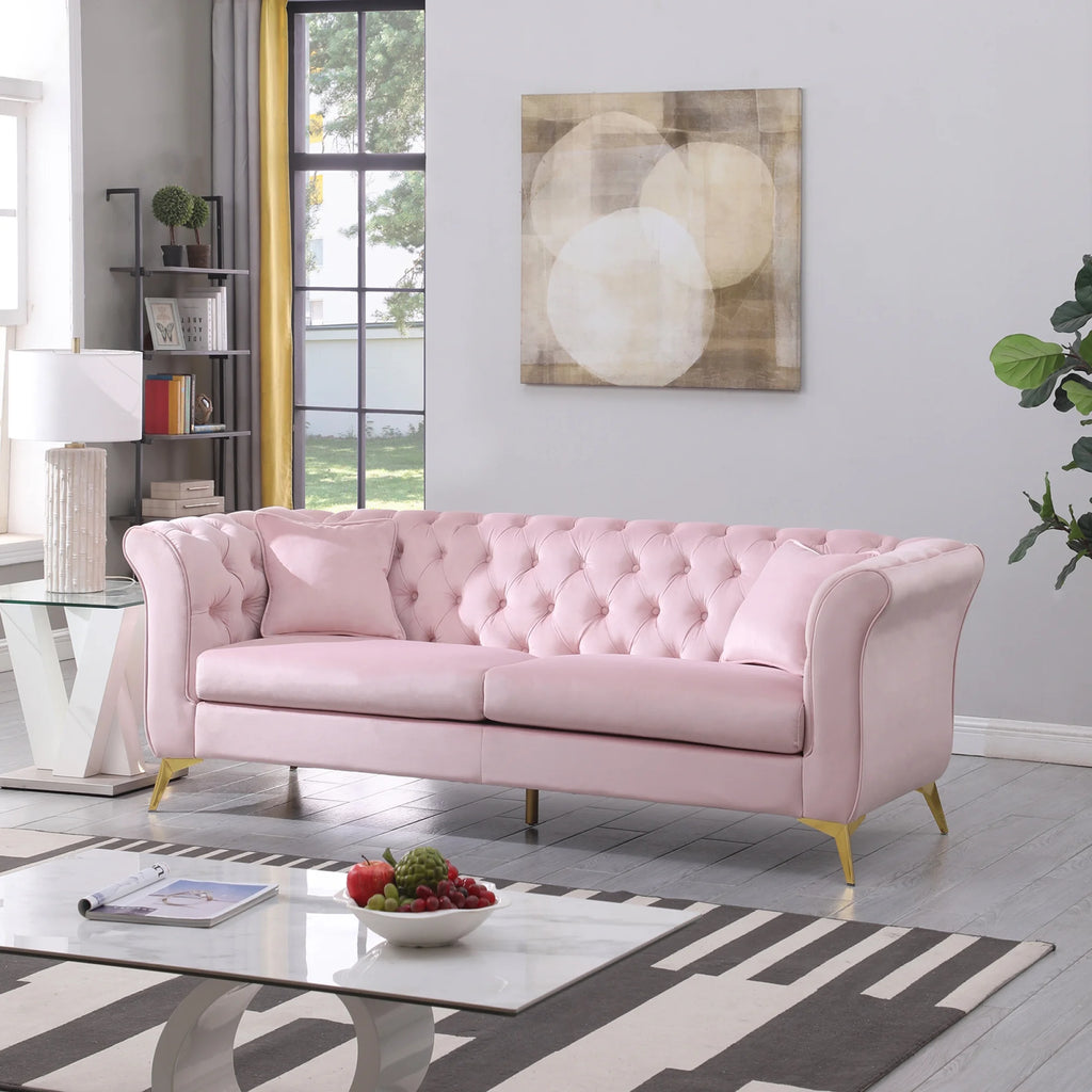 Pink Tufted Fabric Sofa with Scroll Arm Z346119