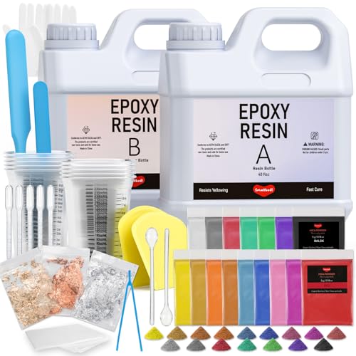 4 Gallon Epoxy Resin Kit with 72 Mica Powder, Foil Flakes, Measuring Cups, Sticks Y1652